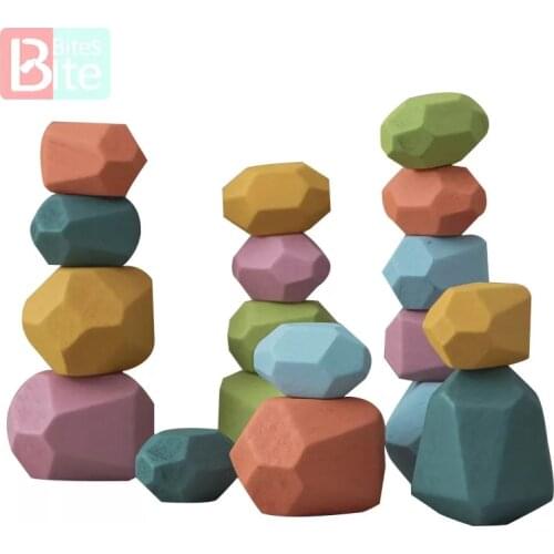 Baby Toy Wooden Jenga Building Block Colored Stone Creative Educational Toys Nordic Style Stacking Game Rainbow Stone Wooden Toy