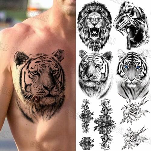 Cool Black Tiger Face Temporary Tattoos For Men Women Realistic lion rose flower bow fake tattoo sticker Chest Tatoos Legs Thigh