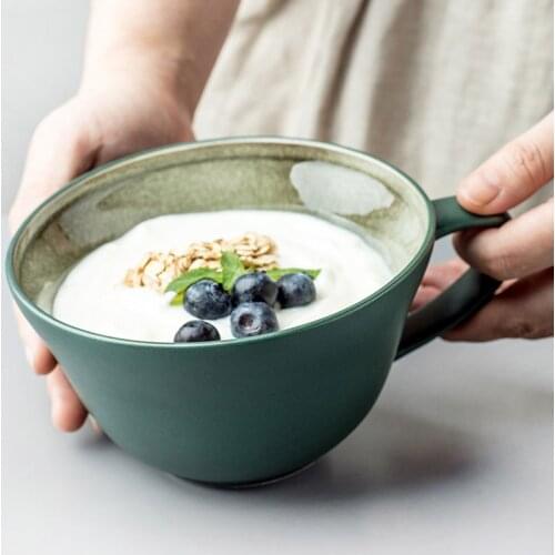 Dark green large-capacity breakfast cup, large ceramic oatmeal cup, household large-caliber cup, milk bowl