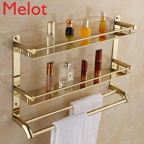 Bathroom stainless steel towel rack bathroom double towel rack wall hanging folding 2-layer gold bathroom shelf