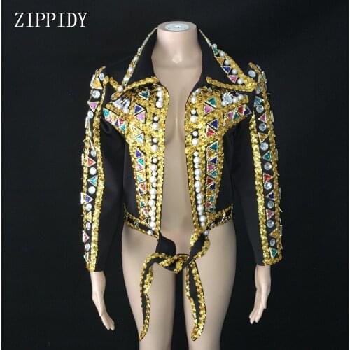 Flashing Design Handmade Colorful Rhinestones Jacket Female Singer Sexy Dance Costume Outerwear Coat Stage Performance Wear
