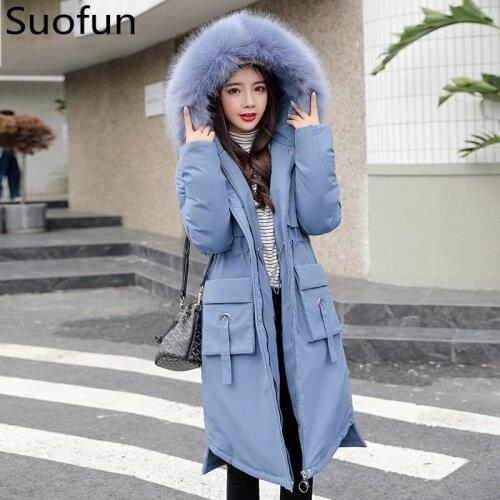 Suofun Cotton Long Thick With Hooded Fur Loose Drawstring Badge Blue Female 2021 Autumn And Winter Warm Women Warm Parkas Coats