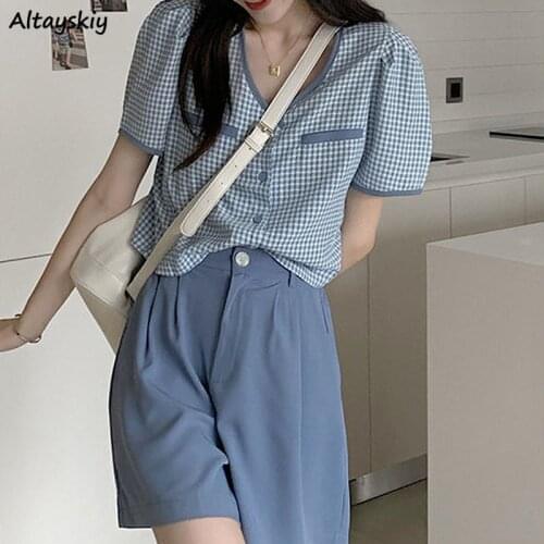 Sets Women Summer V-neck Short Sleeve Plaid Shirts Straight High Waist Trousers Kawaii Stylish All-match Korean Style Streetwear