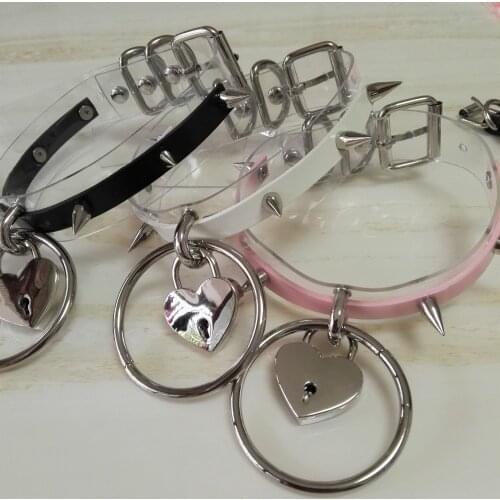 Fashion Harajuku Handmade Choker Rock leather Torques Collar belt Punk Clear O-Round Safe Heart Stud Necklace rivet