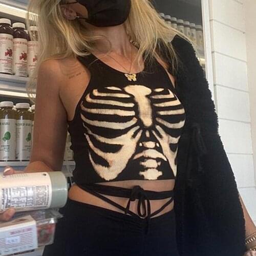 Y2K Aesthetic Camis Goth Pinted Knitted Crop Top Black Corset Top Women Harajuku Tee Vintage Fashion Sweats Streetwear