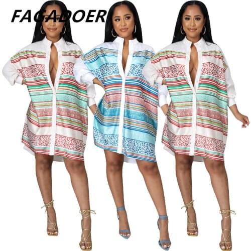 Fagadoer Plus Size Women Shirt Dress Deep-V Elegant Vestidos Striped Printed Lantern Long Sleeve Loose Outfits