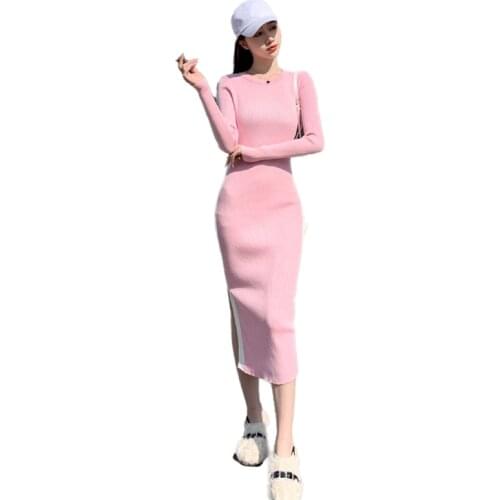 Sexy Split Bodycon Knitted Sweater Dress Women Stretchy Long Sleeve Black Pink Basic Slim Midi Autumn Dress
