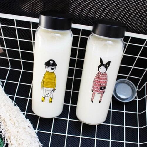 420ml Couple Glass Korean Style Fresh and Lovely Portable Water Bottle with Cover Fashion Cute Boy Girl Printed Milk Coffee Cup