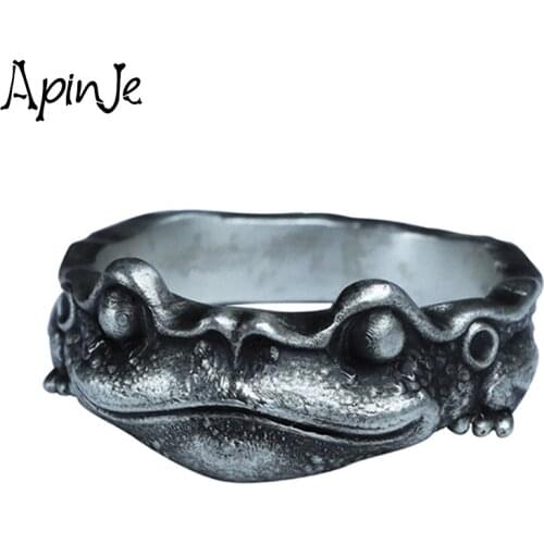 Apinje Vintage 925 Sterling Silver Ring for Men Creative Animal Frog Fortune Toad Jewelry
