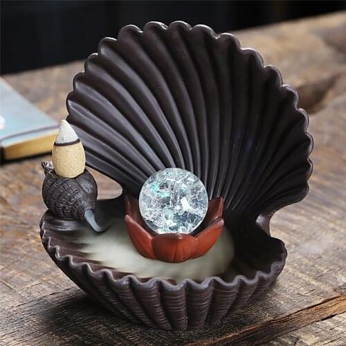 Creative Shell Backflow Incense Burner 7-Color Change LED Light Crystal Ball Waterfall Incense Holder Ceramic Sandalwood Holder