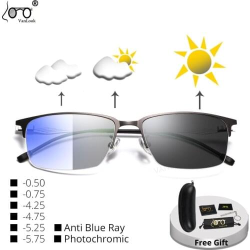 Myopia Photochromic Sunglasses Screwless Eyewear Anti Blue Ray Computer Glasses Frame For Men-0.50-4.25-4.75-5.25-5.75-6.00