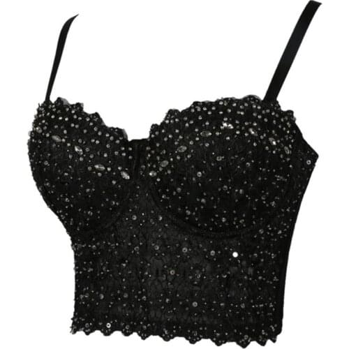Women Sexy Embroidery Lace Bustier Crop Top Spaghetti Strap Push Up Bralette Glitter Sequins Rhinestone Corset Bra Vest