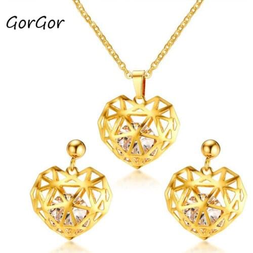 GorGor Fashion Classic Stainless Steel Zircon Hollow Heart-shaped Set Pendant for Women Employee Benefits Fine Jewelry S-211G