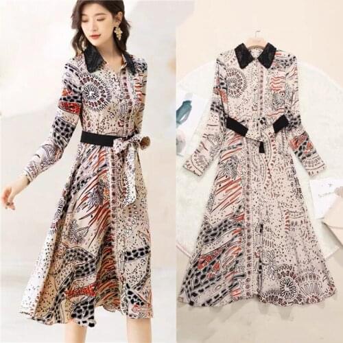 Korea Fashion Luxury Sequins Beading Long Sleeve Dresses For Women Vintage Printed Elegant Ladies Dress Womens Dress SL415