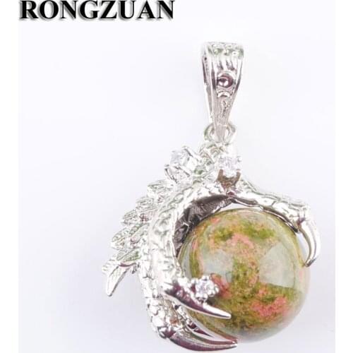RONGZUAN Natural Unakite Jaspers Stone Round Ball Bead Dragon Claw Crystal Pendant Necklace Silver Plated 18" Chain TN3108