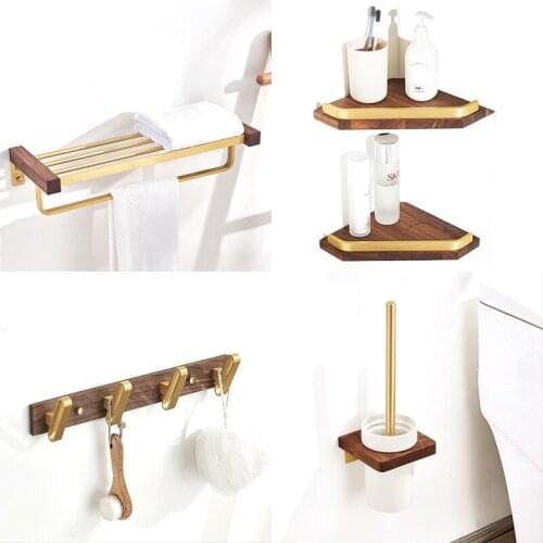 Bathroom Accessories Set Aluminium & Black Walnut Towel/Paper Rack Corner Shelf Toilet Brush Holder Soap Dish Hook Bath Hardware
