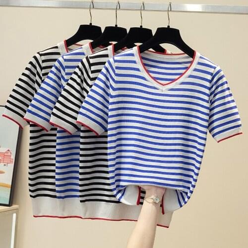 Summer New Womens sweaters Summer tops V-Neck Short sleeve Jumper Sweater Thin Stripe Casual Slim Knitted Pullover jumper