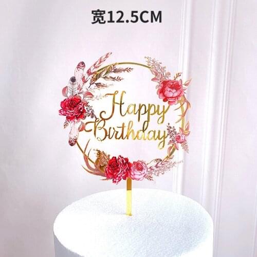 New Gold Happy Wedding Acrylic Cake Topper Flowers Birthday Cupcake Toppers Decor for Wedding Birthday Party Cake Decorations