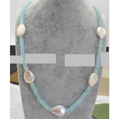 Natural 4x6mm Faceted Blue Aquamarine & 15x20mm Baroque Teardrop Pearl Necklace
