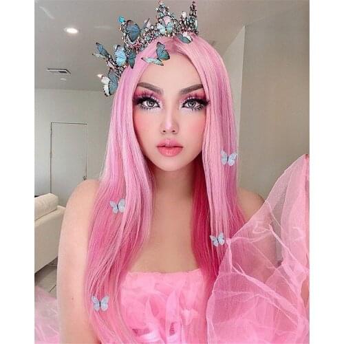 Cosplay Pink Wig Straight Synthetic Wig High Tempreture Fiber Hair Full Machinde Made Replacement Wig