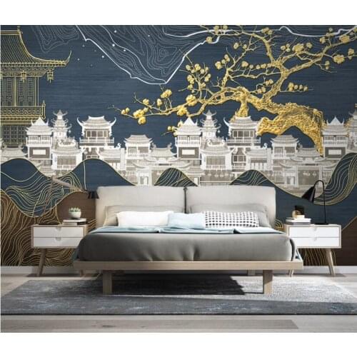 CJSIR Custom Golden Line Wallpaper for Living Room Landscape Plum Blossom Building TV Background Wall Paper Home Decor Mural