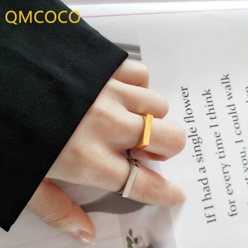 QMCOCO Korean 925 Silver Open Adjustable Ring INS Minimalist Geometric Square Smooth Face Ring Punk Fashion Jewelry Accessory