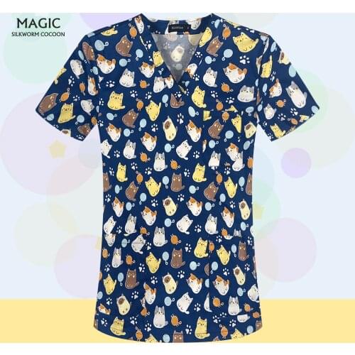 Cartoon Printed Short Sleeve Work T Shirt Dental Clinic Medical Tops Scrubs Women Uniform Pet Grooming Workwear Wholesale Prices