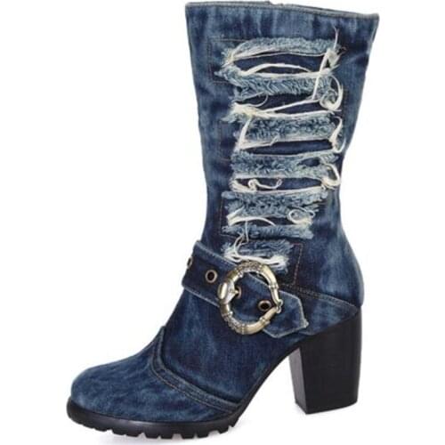 Blue Denim Mid-Calf Chunky Heels Pumps Cowboy Womens Boot Round Toe Shoes High Heels Jean Martin Boots Free Shipping