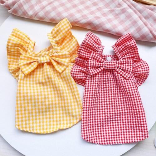 Summer Pet Dog Cute Shirts Teddy Grid Clothes Dress Pets Cats Bow Plaid Dress Small Medium Pet Teddy Chihuahua Clothes Costume