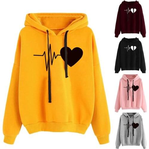 S-3XL Womens Autumn Winter Hoodie Heartbeat Printed Pullover Tops Long Sleeved Valentines Day Outdoor Comfortable Streetshirt