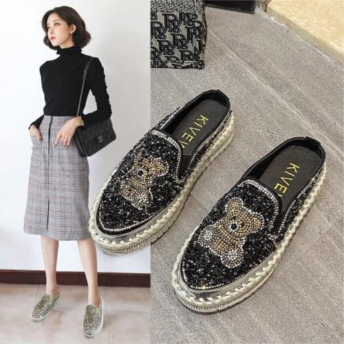 Ladies Casual Shoes Rhinestone Slippers Women Comfortable Platform Shoes Round Toe Rubber Flats 2021 Spring Autumn Womens Shoes