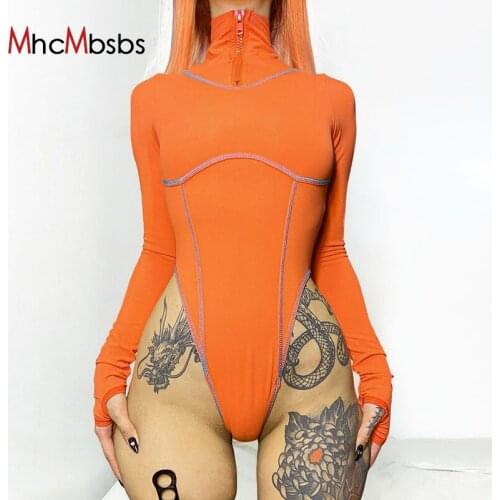 Stripe Print Zip High Neck Long Sleeve Bodysuit Women Sexy Skinny Stretchy One Piece Rompers 2021 Autumn Casual Y2K Clothing