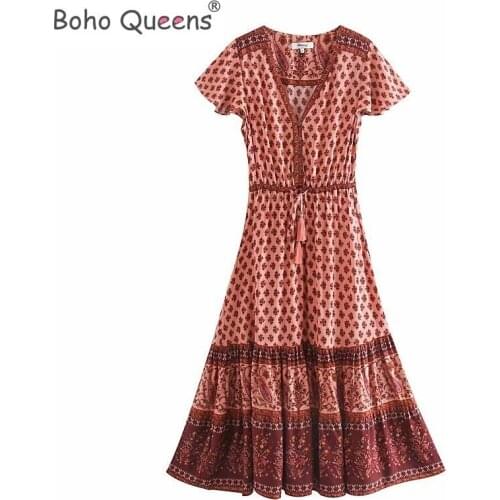 Boho Queens women Floral print bat sleeve beach Bohemian maxi dress Ladies V-neck Tassel Summer Boho happie dress vestidos