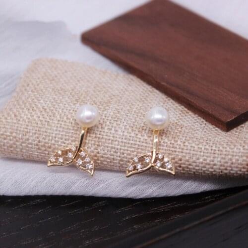 925 Silver Plated 14K Gold Natural Freshwater Pearl Fishtail Fashion Retro Elegant Wedding Stud Earrings Jewelry for Women Gift