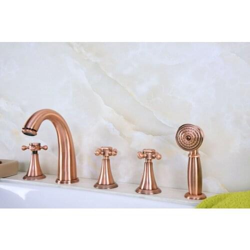 Antique Red Copper Brass Deck 5 Holes Bathtub Mixer Faucet Handheld Shower Widespread Bathroom Faucet Set Basin Water Tap atf205