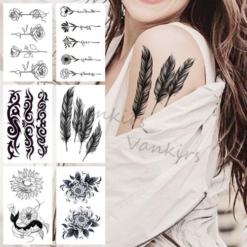 Black Feather Small Temporary Tattoos For Women Girls Realistic Rose Flower Chrysanthemum Fake Tattoo Sticker Arm Leg Tatoos DIY