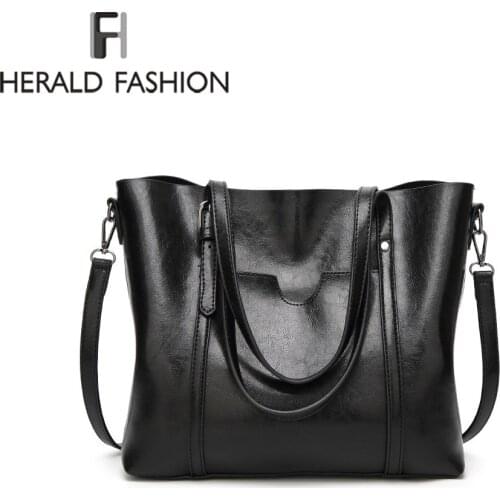 Herald Fashion Oil wax Womens Leather Handbags Luxury Female Shoulder Bag With Purse Pocket Ladies' messenger bag Big Tote Sac