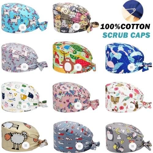 Cotton Scrubs Hats Buttons Adjustable Anime Printing Nursing Hat Beauty Salon Clinic Dentist Nurse Uniform Accessories Scrub Cap