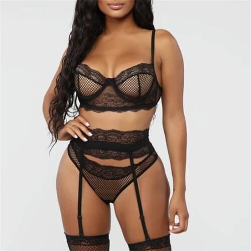 2020 New Sexy Lace Mesh Hollow Out Garters Wire Free Lingerie Set Women 3pcs Set Push Up Bra Set Underwear Party Set HB279