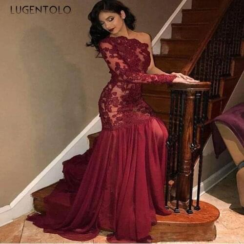 Lugentolo Party Dress Women Lace One Shoulder Long Sleeve Swing Type Red Empire Slim Fashion Womens Maix Dress
