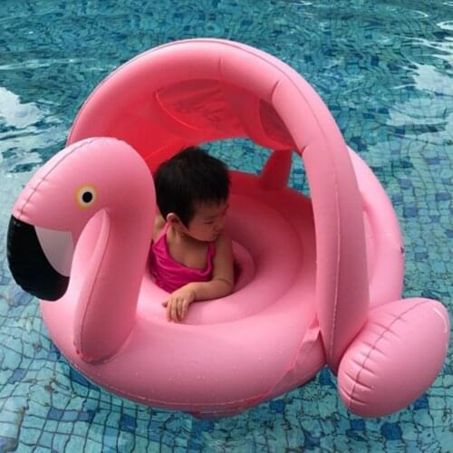 0-3 Years Old Baby Inflatable Flamingo Swan Pool Float with Sunshade Ride-On Swimming Ring Safe Seat Water Toys Infant Circle