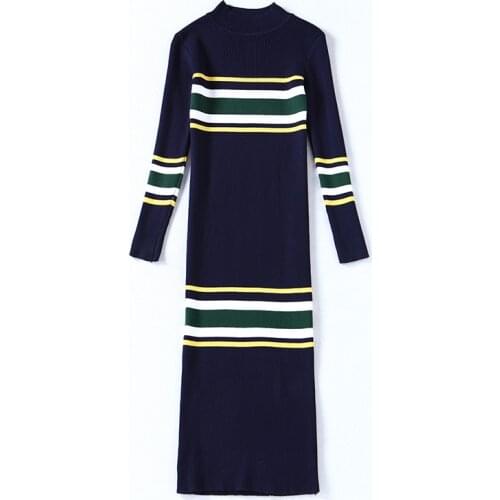 2021 New Ladies Long Knitted Cotton Sweater Dress Preppy Striped Full Sleeves Natural Stand Collar Straight Long Dress Winter