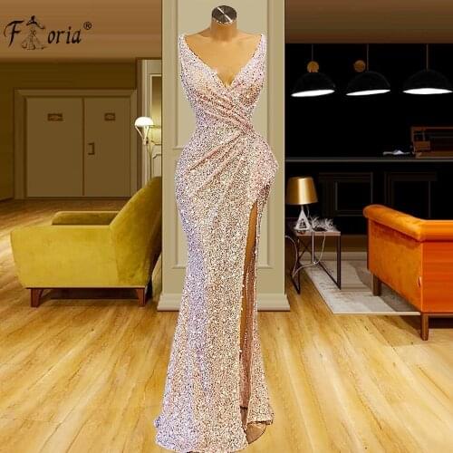 New Arrival Beaded Sequined Pink Evening Dresses Sexy V Neck Sleeveless High Side Split Prom Dress African Women Robes Formales
