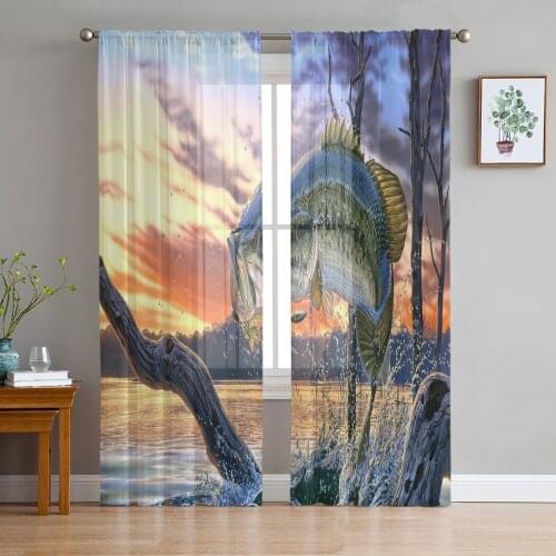 Fish Jumping Tree Branch Sunset Sea Landscape Sheer Curtains for Living Room Modern Bedroom Voile Tulle Curtain Window Drapes