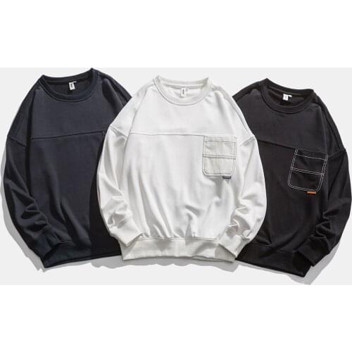 Spring And Autumn Mens Casual O-Neck Sweatshirts Long Sleeve Splicing Pockets Mens Tops Bottoming Shirt Pullover Male Clothes