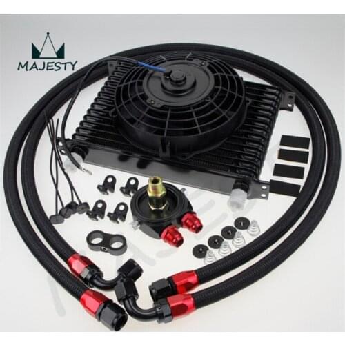 Universal 15 Row engine Transmission 10AN Oil Cooler kit +7" Electric Fan Kit BK