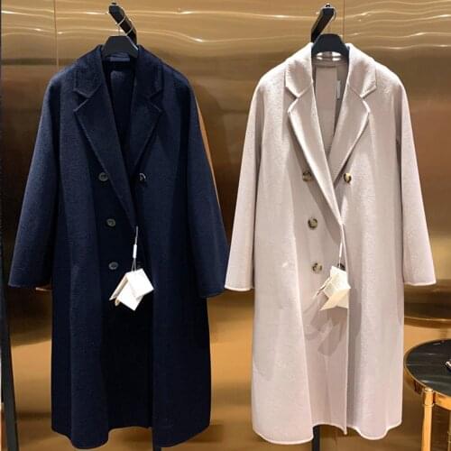 High-end Cashmere Coat Ladies Winter Long Beige Coat Slim-fit Belt Coat Autumn Navy Blue Coat Double-Breasted Hand-Stitched