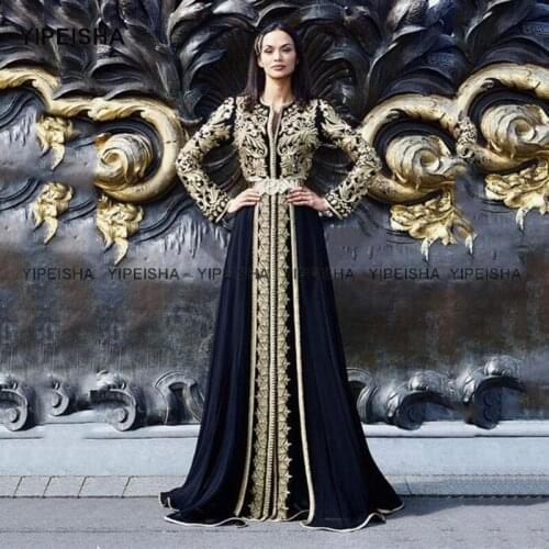 Yipeisha Moroccan Caftan Evening Dress 2021 Gold Applique Formal Dress Arabic Muslim Long Sleeves Evening Party Gown Navy Blue