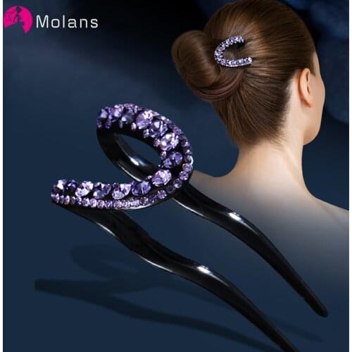 Molans Fashion Rhinestone Hair Sticks Headwear Elegant Fixed Hair Styling U-Shape Hairpins For Women Ponytail Hair Accessories