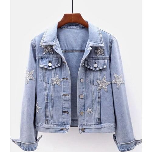 Spring New Loose Diamond Sequin Denim Coats Outerwear Womens Turn-Down Collar Long Sleeve Female High Quality Casual Jackets